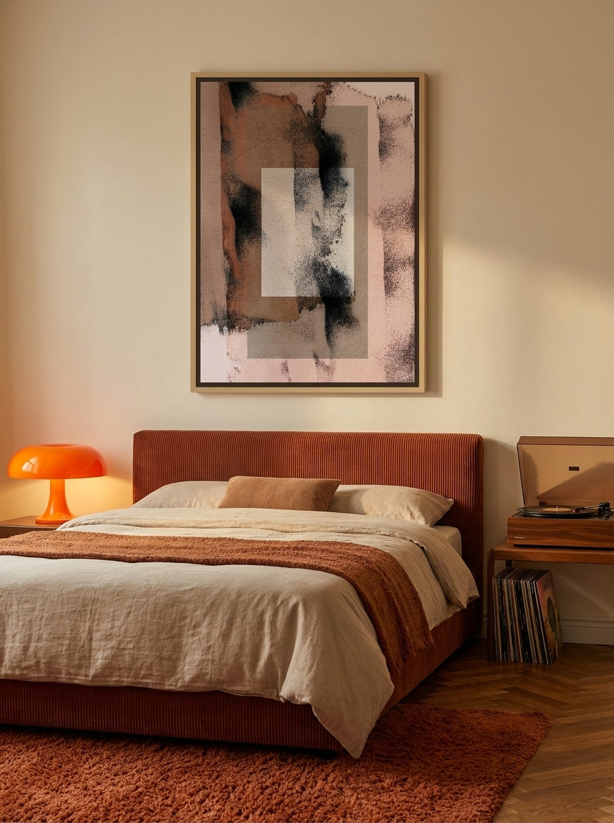 Canvas wall art with a natural timber surround styled on the wall in a retro 70s bedroom