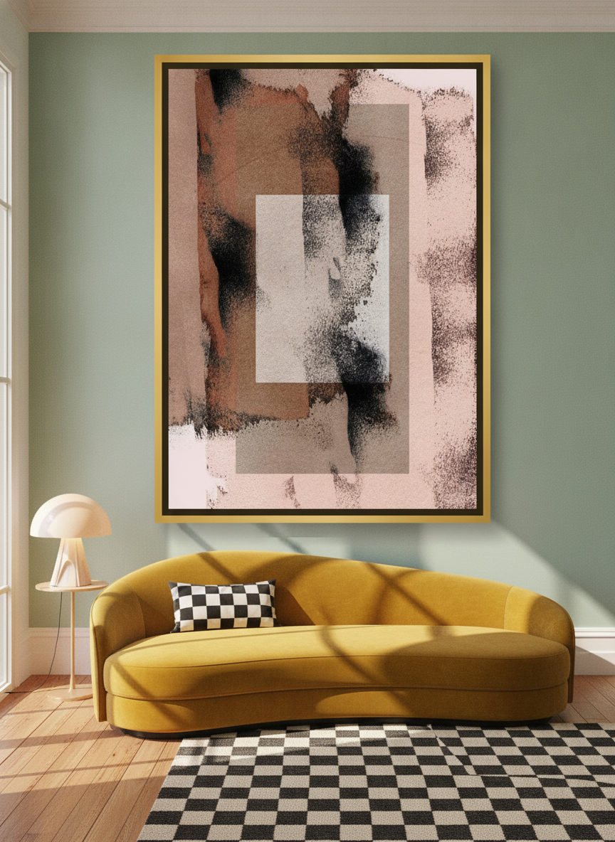 Oversized statement canvas wall art with a gold leaf surround styled on the wall in a colourful eclectic living room