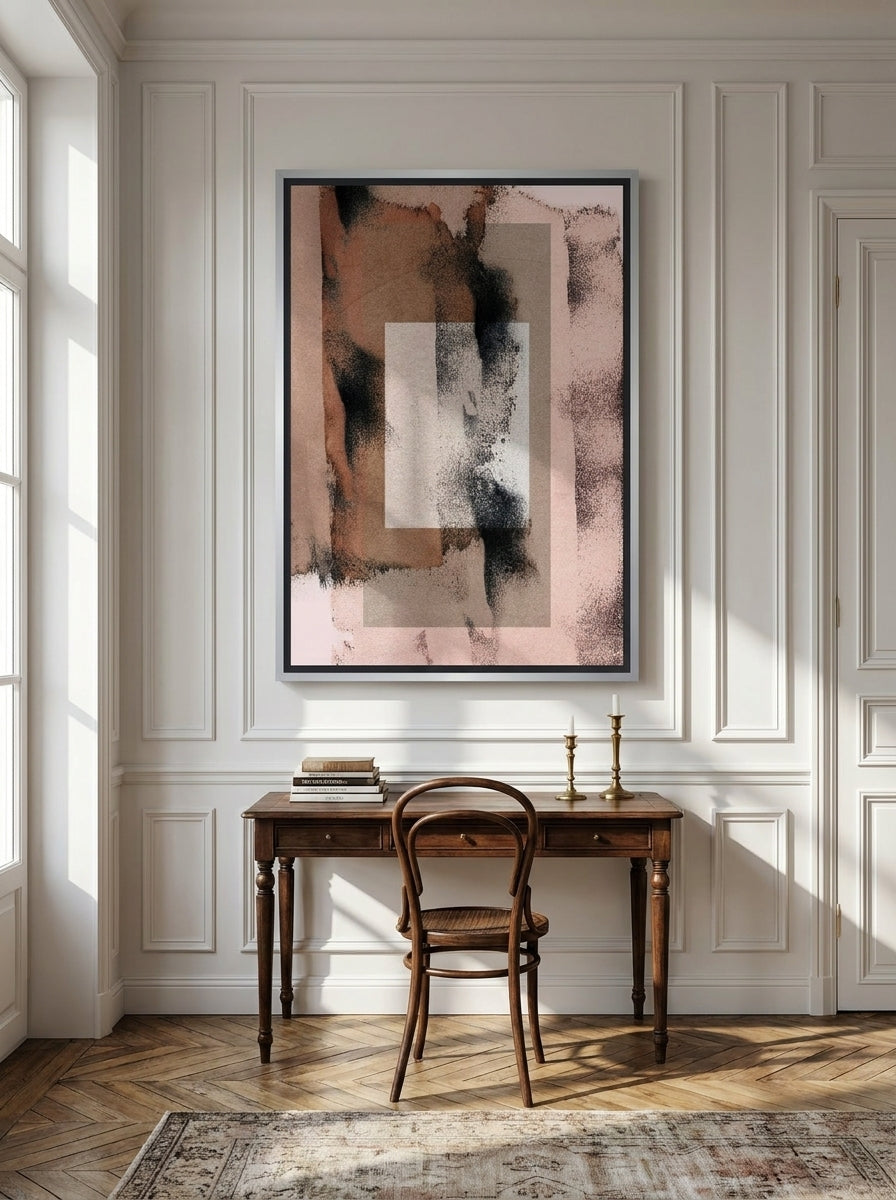 Canvas wall art with a silver leaf surround styled on the wall in a Parisian home office