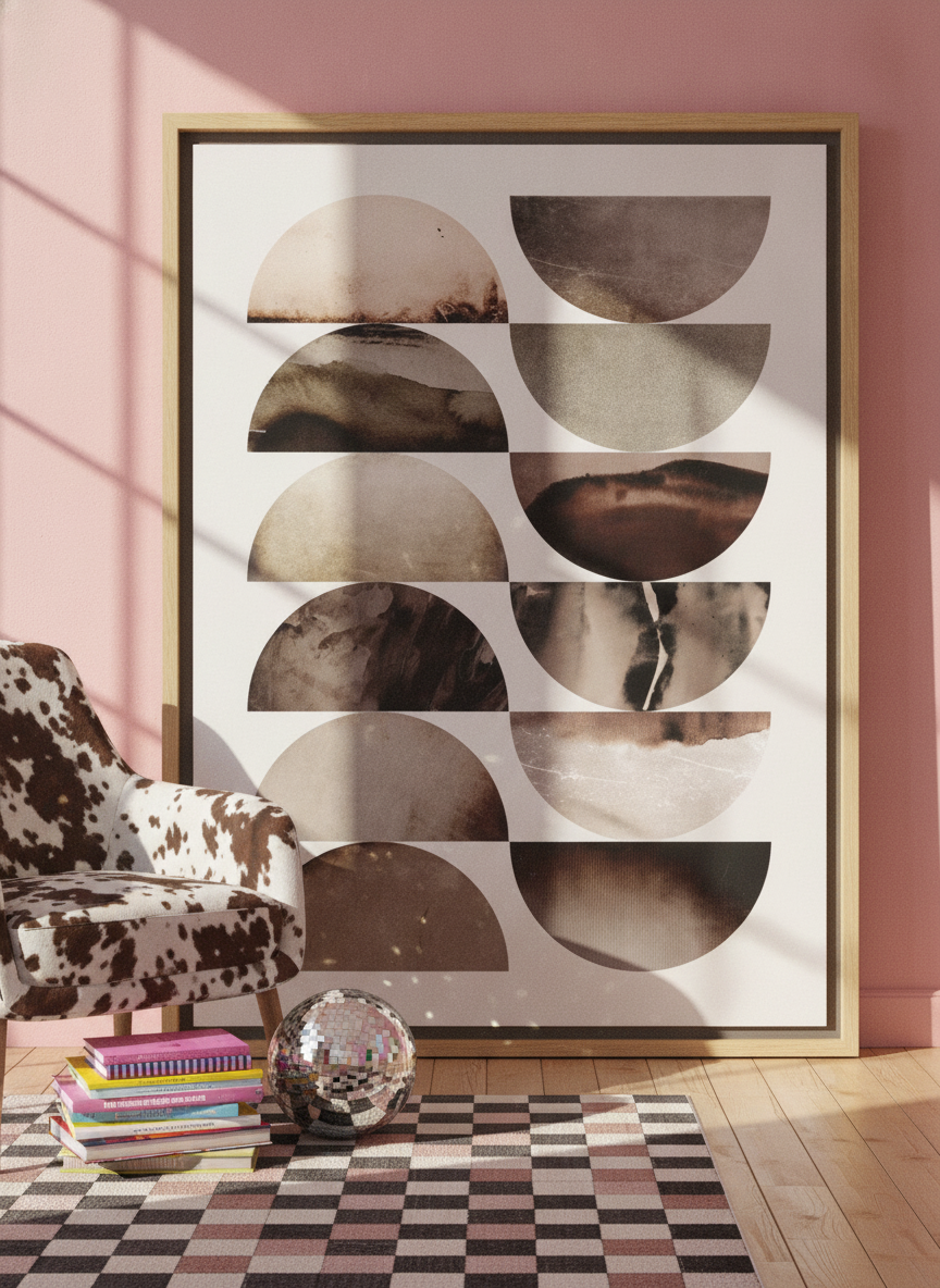 Oversized statement canvas wall art with a natural timber surround leaning against the wall in a colourful eclectic bedroom