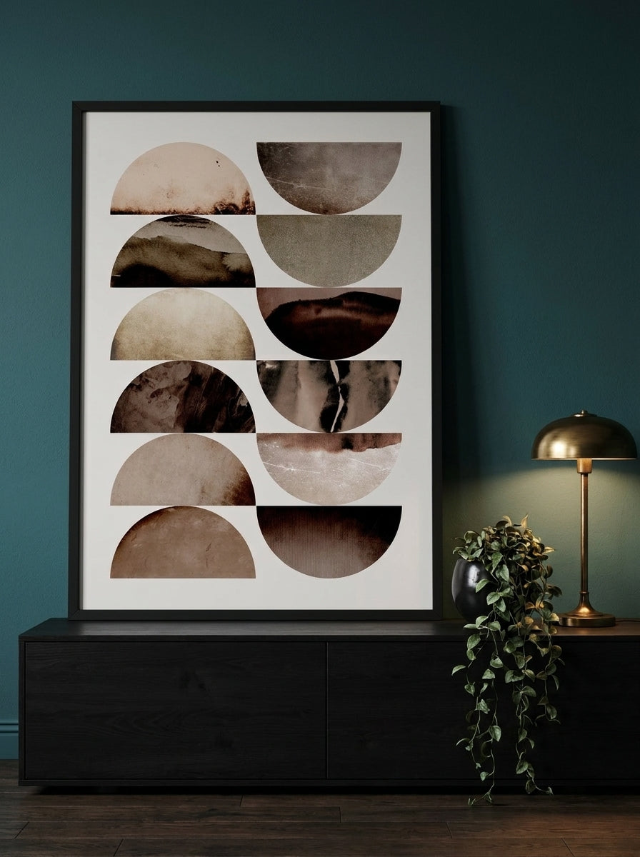Modern wall art print standing on a console in a moody bedroom