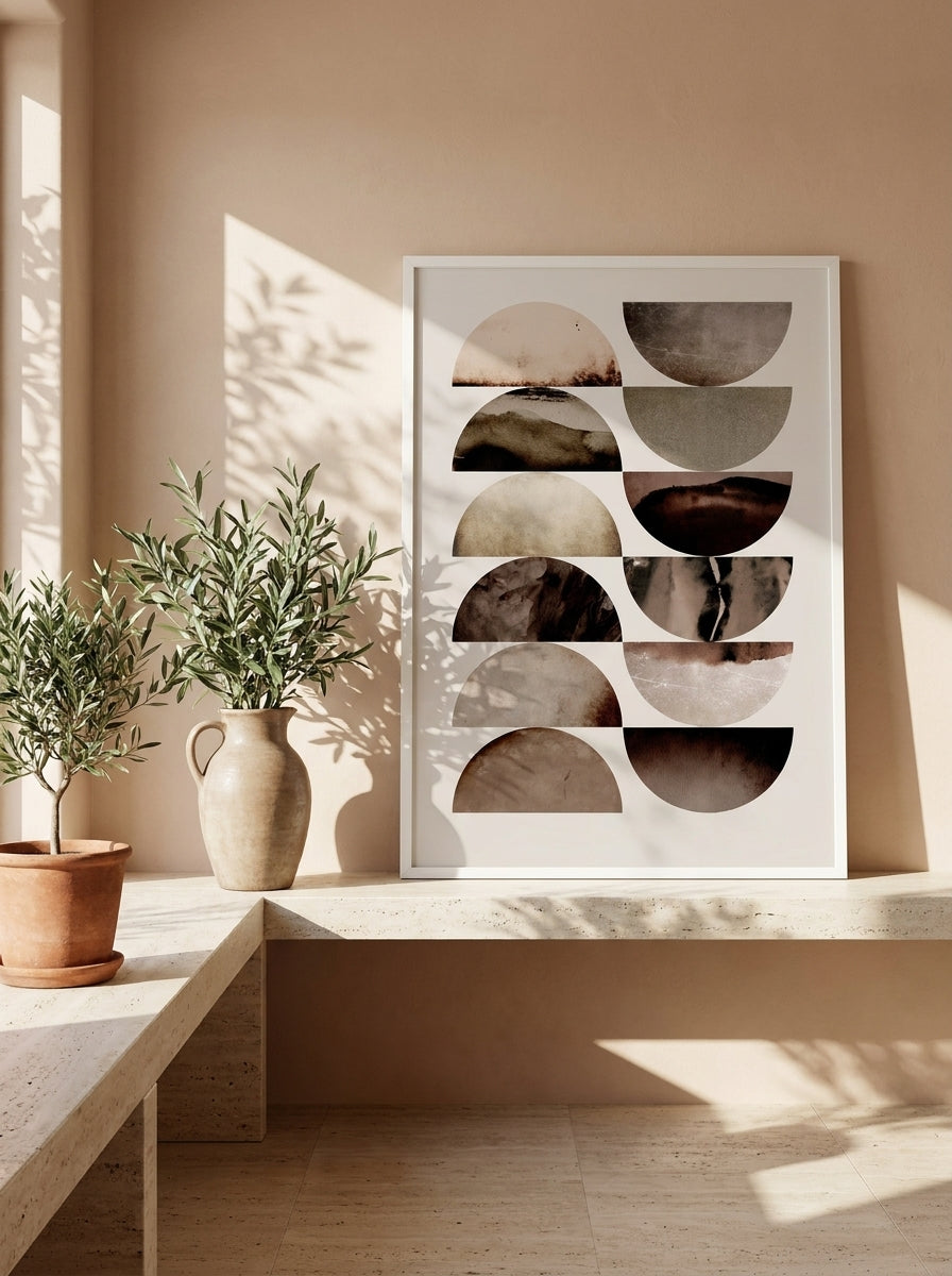 Modern wall art print standing on a console in a Mediterranean home office