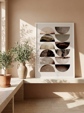 Modern wall art print standing on a console in a Mediterranean home office