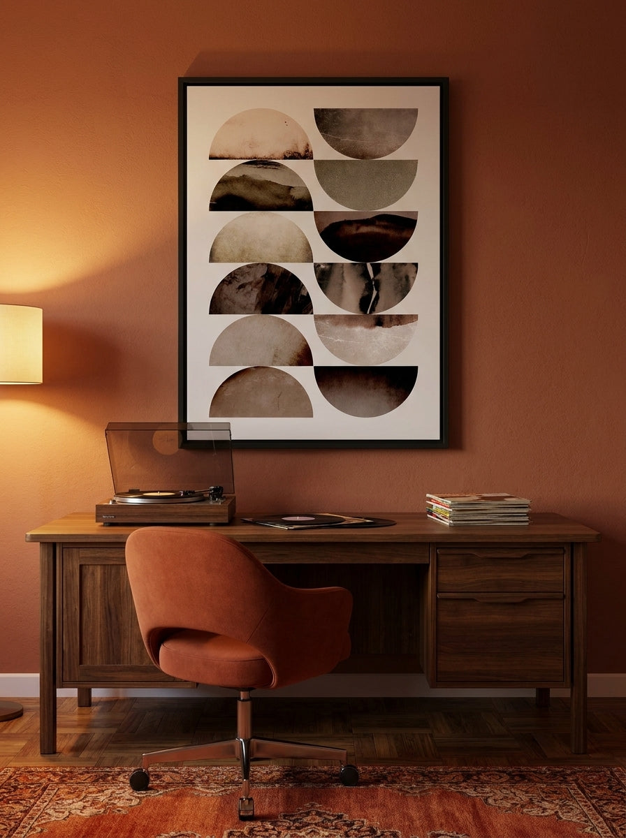 Canvas wall art with a black surround styled on the wall in a retro 70s home office