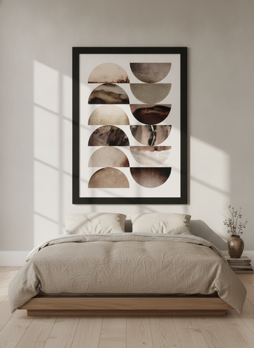 Oversized statement modern wall art print styled on the wall in a warm Japandi bedroom