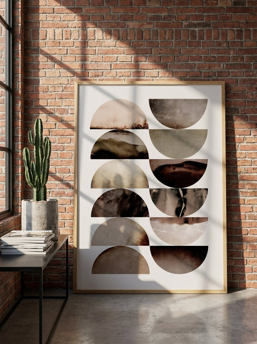 Oversized statement modern wall art print leaning against the wall in an industrial loft living room