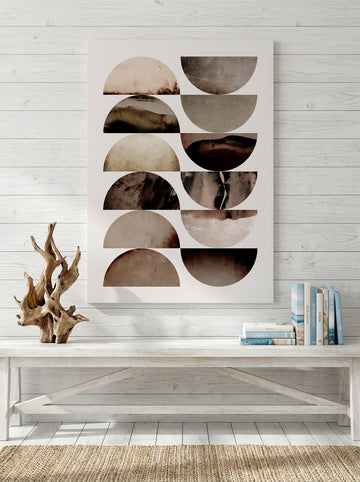 Stretched canvas wall art styled on the wall in a coastal living room