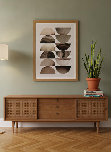 Modern wall art print styled on the wall in a mid-century living room