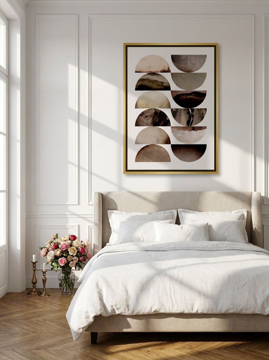 Canvas wall art with a gold leaf surround styled on the wall in a Parisian bedroom