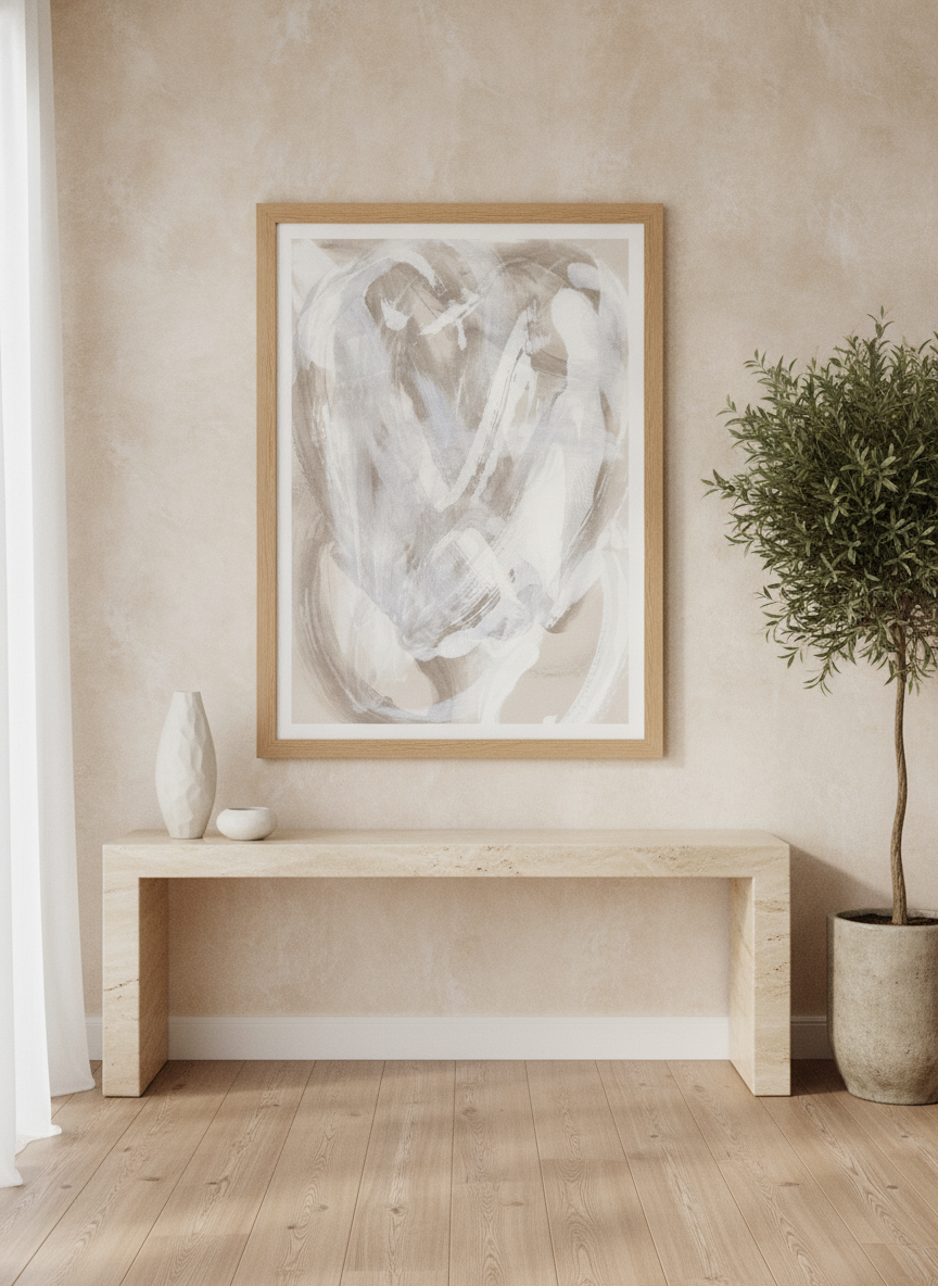 Modern wall art print styled on the wall in a luxe living room