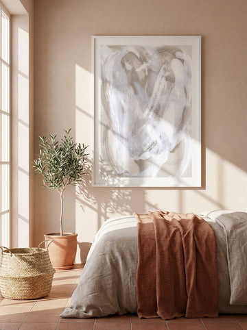Modern wall art print styled on the wall in a Mediterranean bedroom