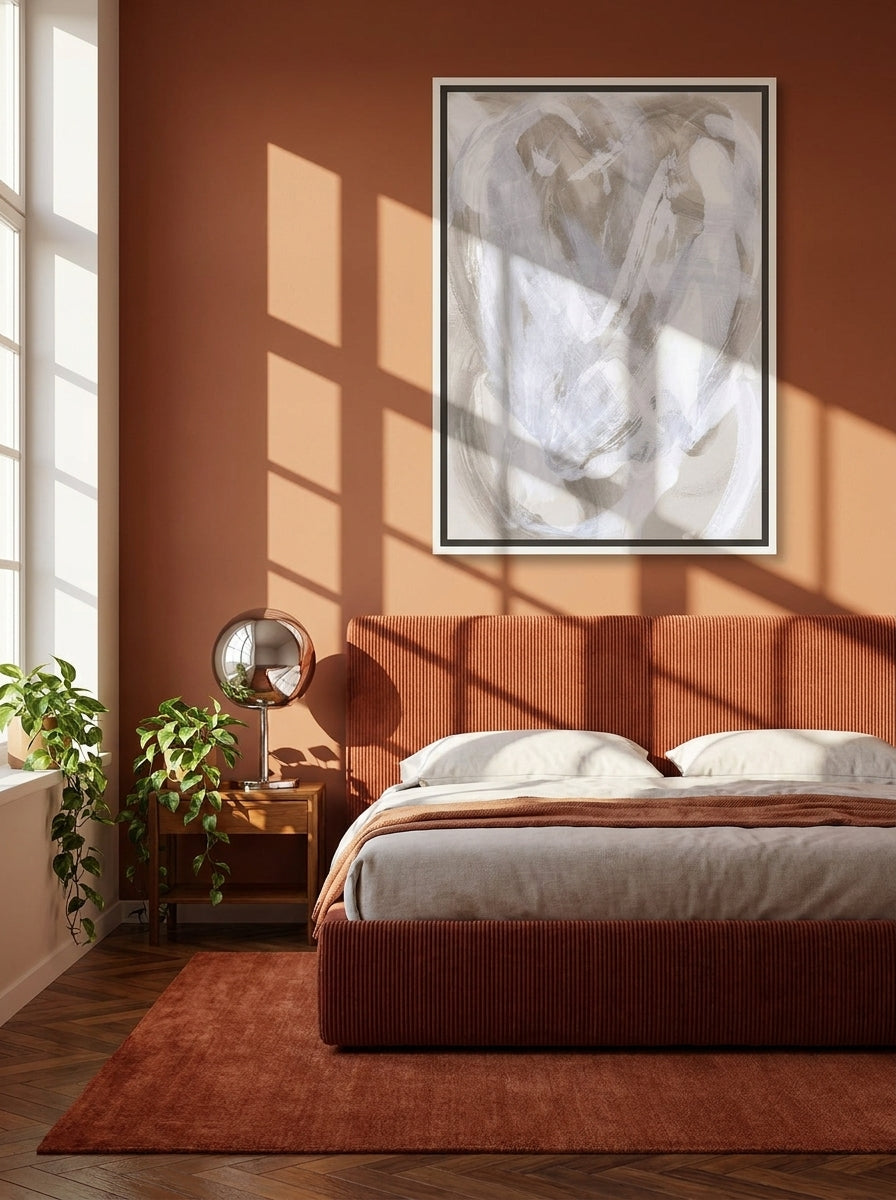 Canvas wall art with a white surround styled on the wall in a retro 70s bedroom