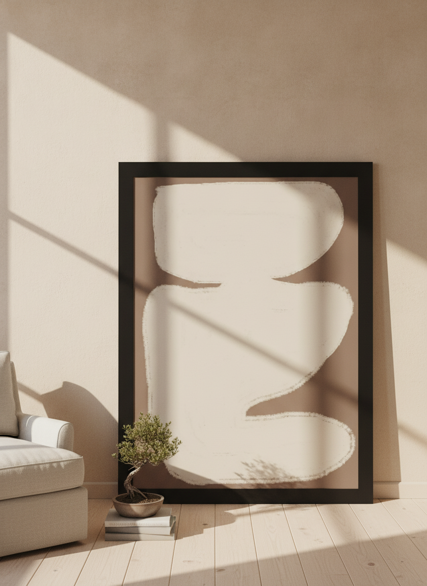 Oversized statement modern wall art print leaning against the wall in a warm Japandi bedroom