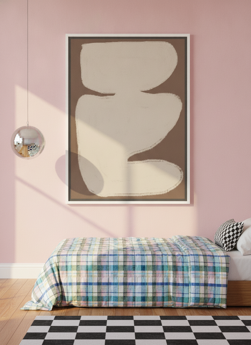Canvas wall art with a white surround styled on the wall in a colourful eclectic bedroom