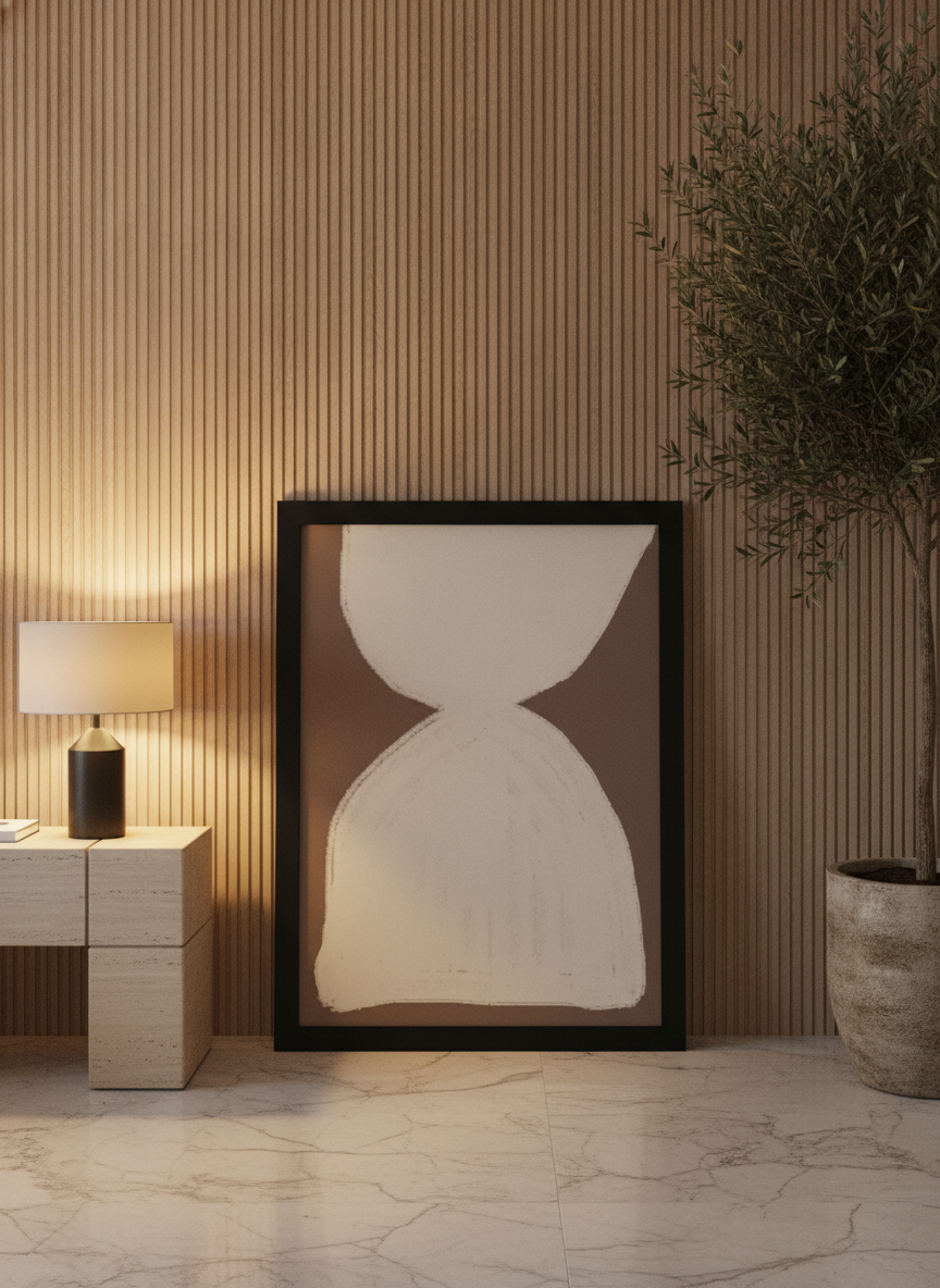 Modern wall art print leaning against the wall in a luxe bedroom