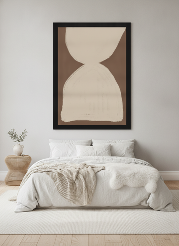 Oversized statement modern wall art print styled on the wall in a bright Scandinavian bedroom
