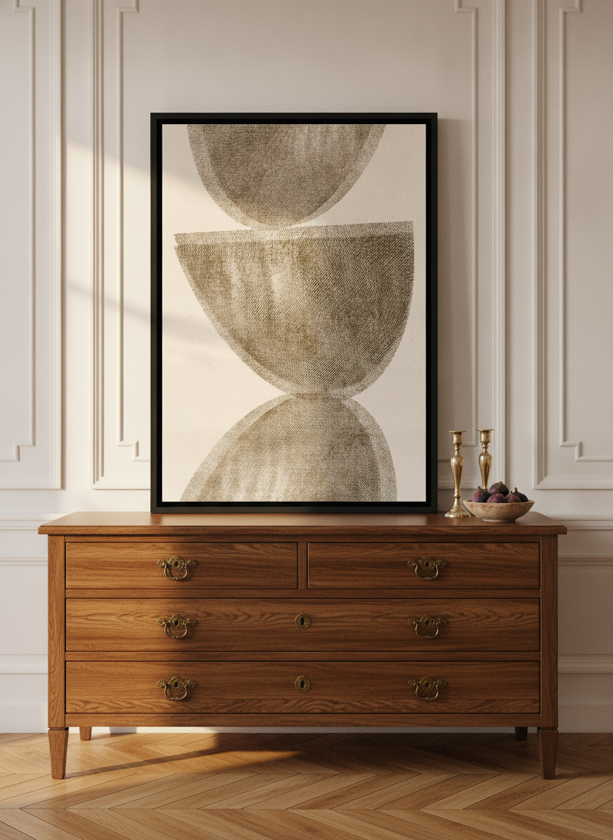Canvas wall art with a black surround standing on a sideboard in a Parisian living room