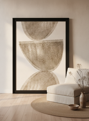 Oversized statement modern wall art print leaning against the wall in a warm Japandi bedroom