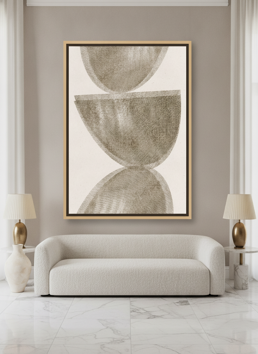 Oversized statement canvas wall art with a natural timber surround styled on the wall in a luxe living room