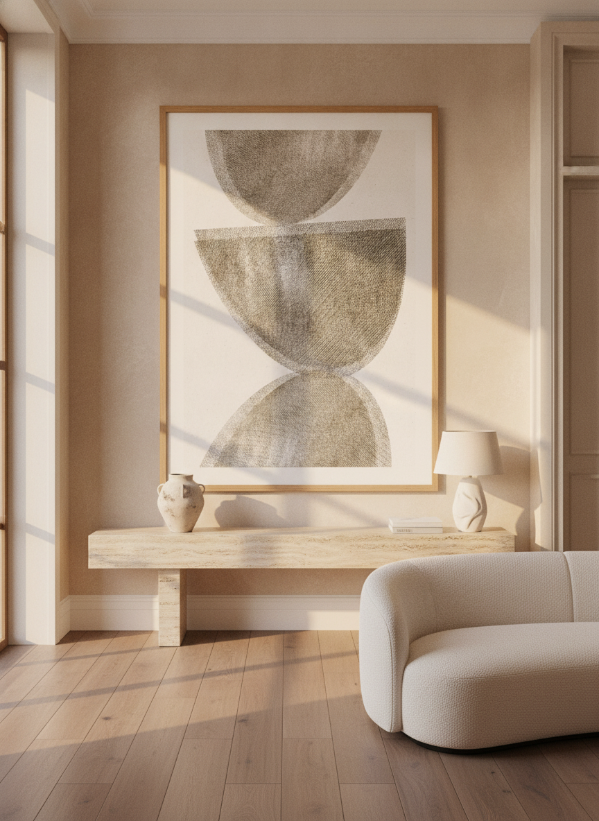 Oversized statement modern wall art print styled on the wall in a luxe living room