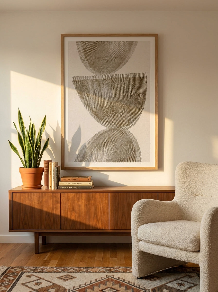 Modern wall art print styled on the wall in a mid-century living room