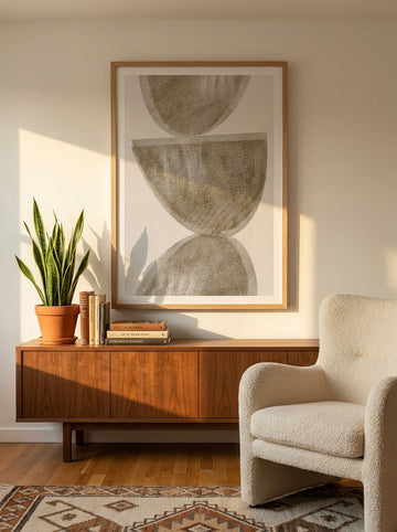 Modern wall art print styled on the wall in a mid-century living room