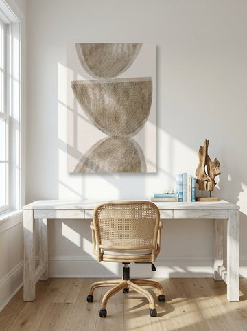 Stretched canvas wall art styled on the wall in a coastal home office