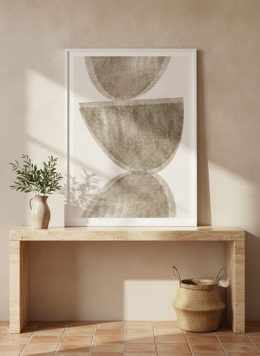 Modern wall art print standing on a console in a Mediterranean home office