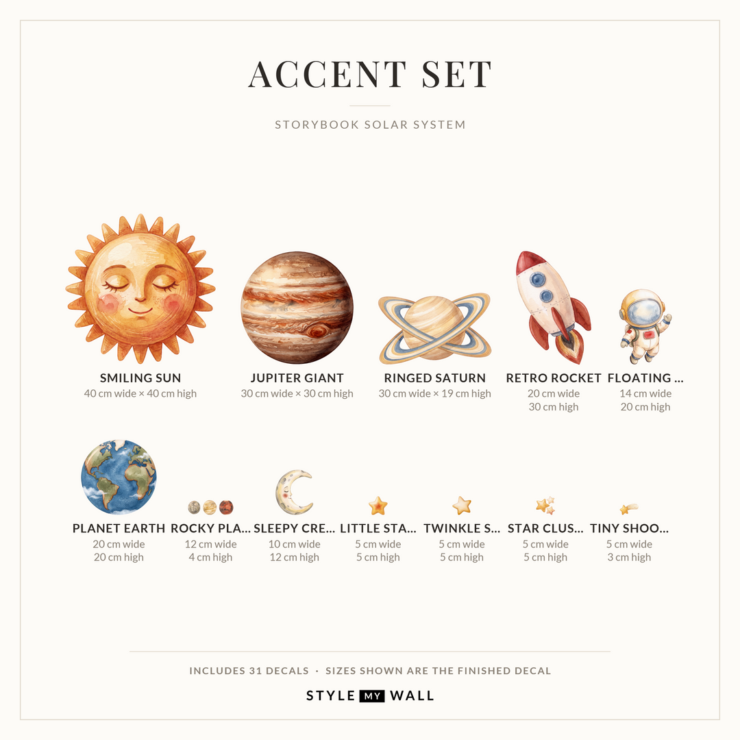 Storybook Solar System Wall Decal Set Wall Sticker Decals: Accent Set sizes