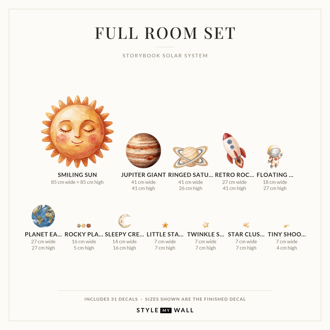 Storybook Solar System Wall Decal Set Wall Sticker Decals: Full Room Set sizes
