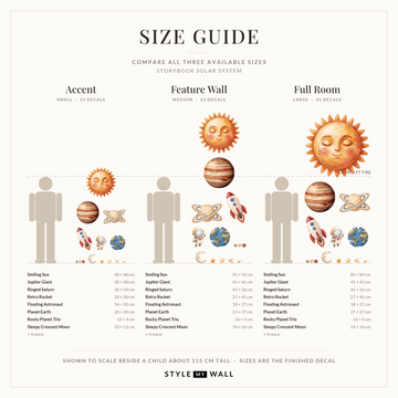 Storybook Solar System Wall Decal Set Wall Sticker Decals: size guide, every size shown to scale beside a child