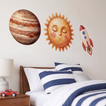 Storybook Solar System Wall Decal Set Wall Sticker Decals wall decals: a close-up of the decals from one side in a boy's bedroom