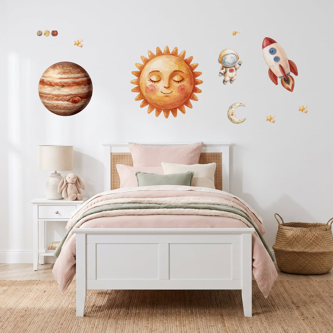 Storybook Solar System Wall Decal Set Wall Sticker Decals wall decals on a girl's bedroom wall (Feature Wall (Medium) size)