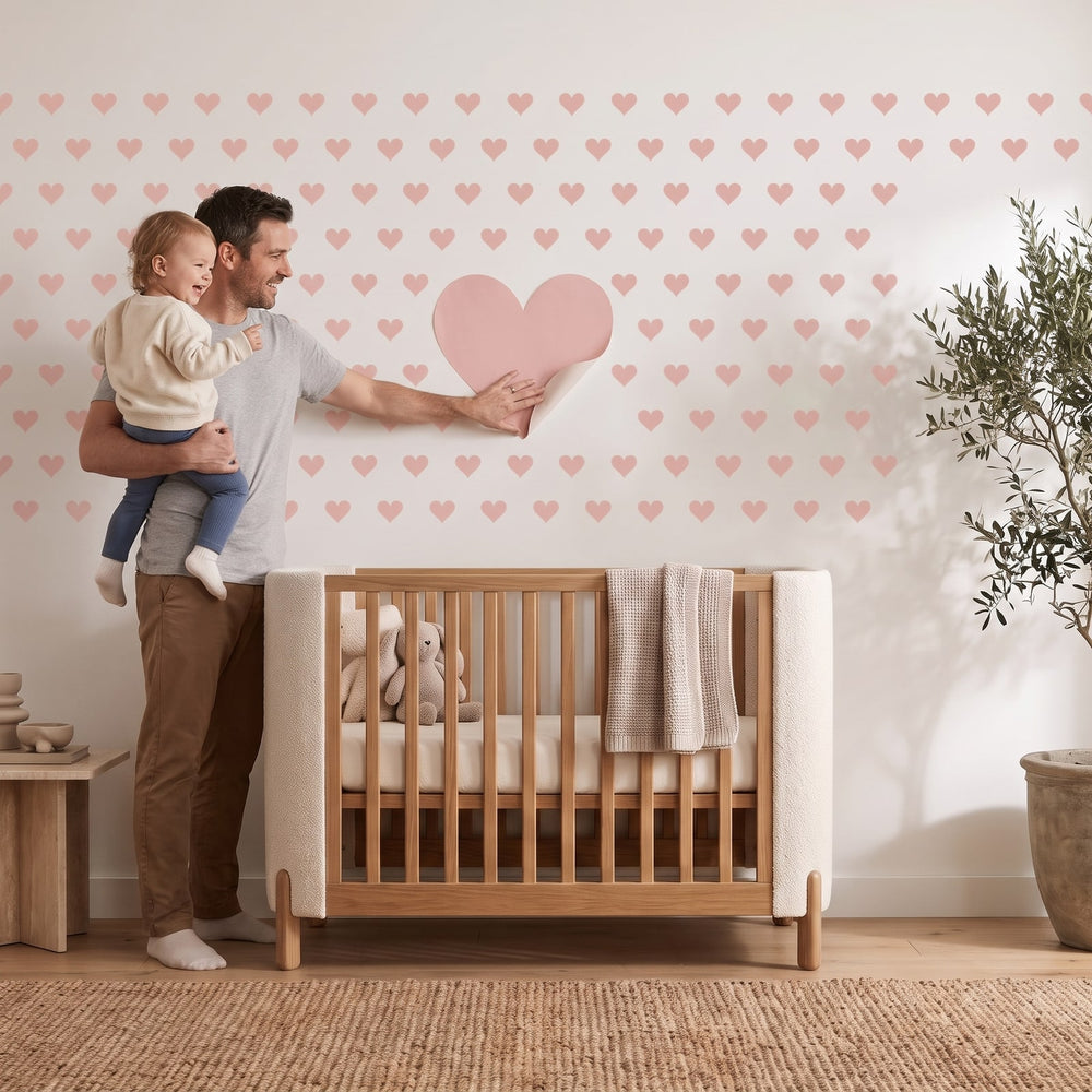 Colour Me Hearts Wall Sticker Decals wall decals: a toddler and their dad putting the decals up in a nursery