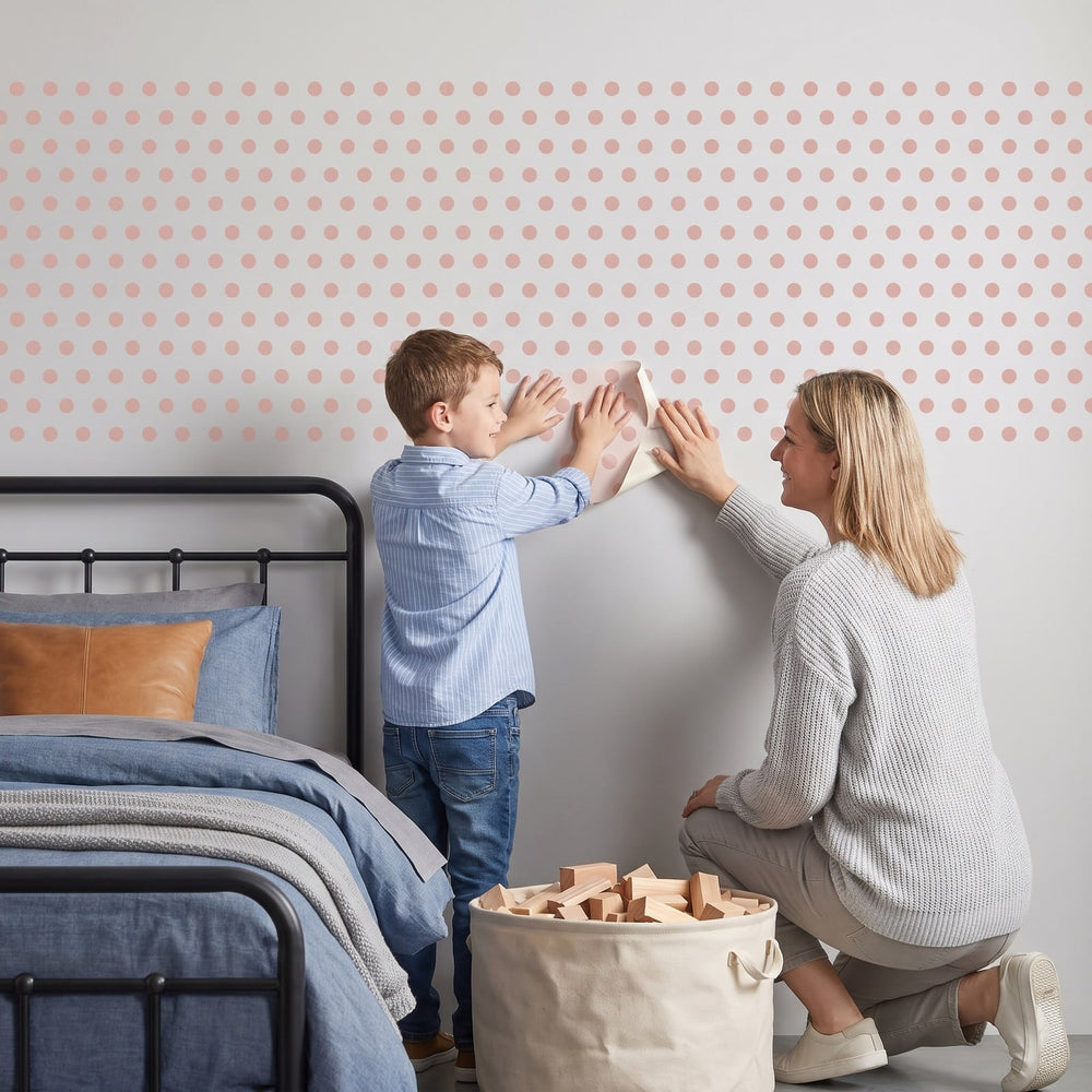 Colour Pop Wall Dots Wall Sticker Decals wall decals: a boy and his mum putting the decals up in a boy's bedroom