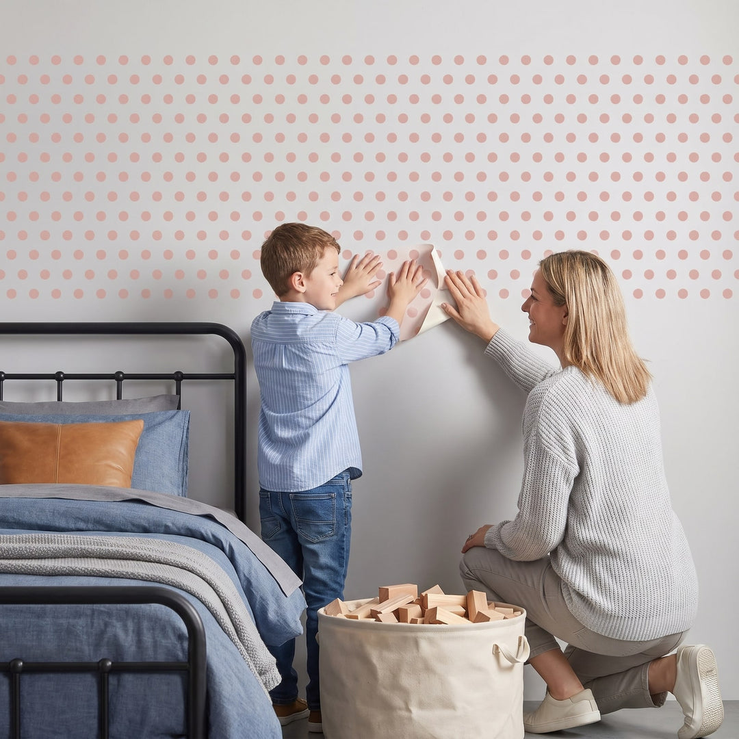 Colour Pop Wall Dots Wall Sticker Decals wall decals: a boy and his mum putting the decals up in a boy's bedroom