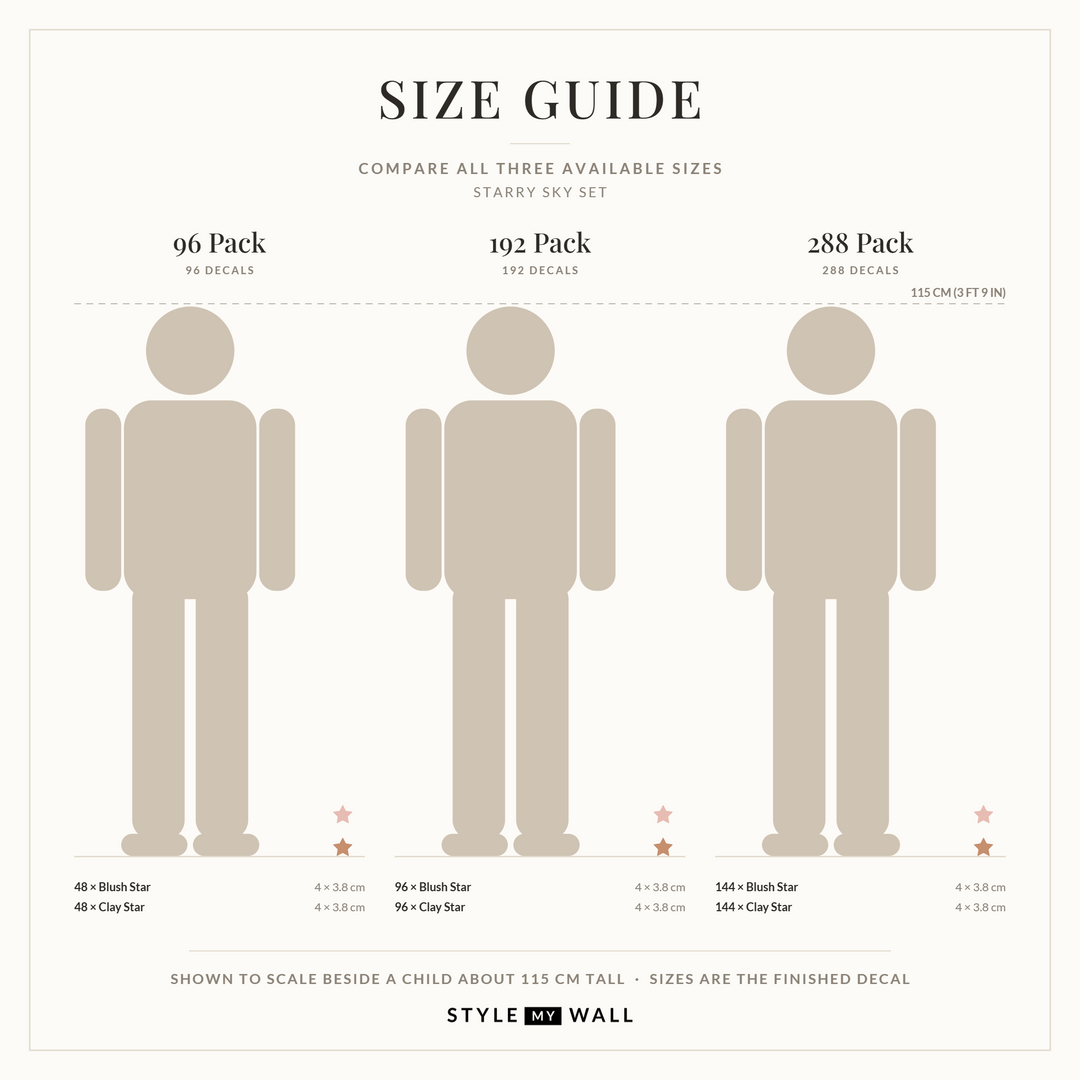 Starry Sky Wall Sticker Decals: size guide, every size shown to scale beside a child