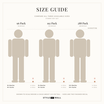Starry Sky Wall Sticker Decals: size guide, every size shown to scale beside a child