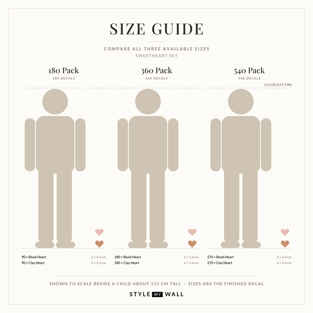 Sweetheart Hearts Wall Sticker Decals: size guide, every size shown to scale beside a child