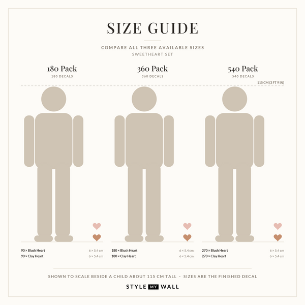 Sweetheart Hearts Wall Sticker Decals: size guide, every size shown to scale beside a child