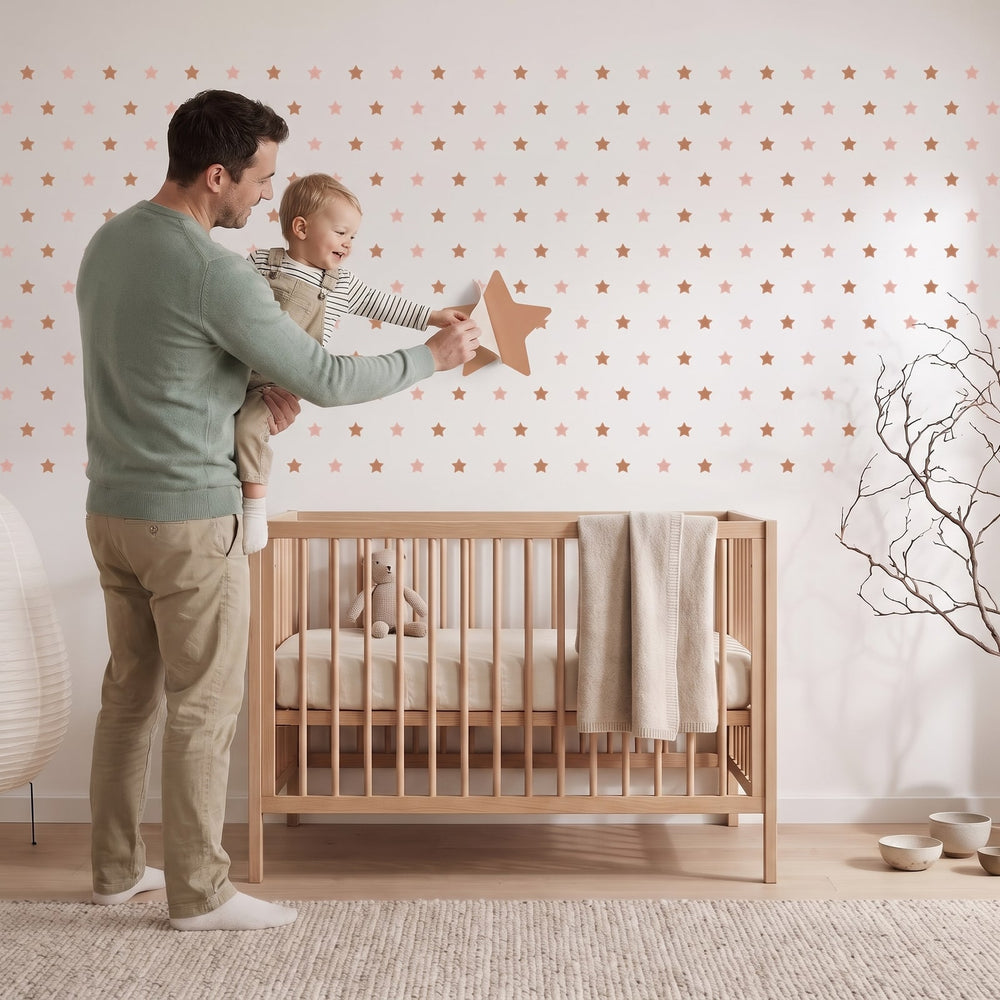 Starry Sky Wall Sticker Decals wall decals: a toddler and their dad putting the decals up in a nursery