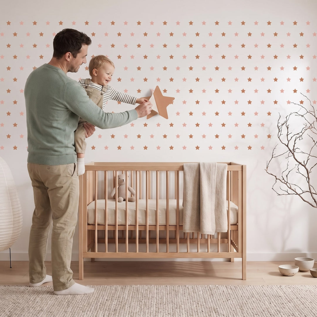 Starry Sky Wall Sticker Decals wall decals: a toddler and their dad putting the decals up in a nursery
