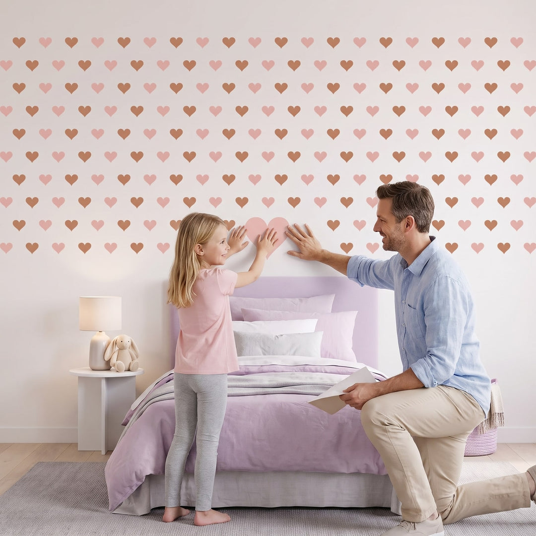 Sweetheart Hearts Wall Sticker Decals wall decals: a girl and her dad putting the decals up in a girl's bedroom