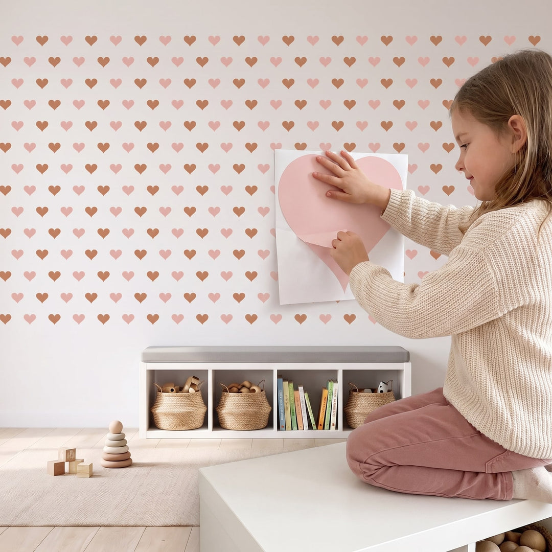 Sweetheart Hearts Wall Sticker Decals wall decals: a girl putting the decals up in a playroom