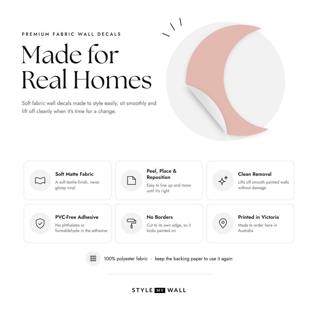 Crescent Moon Trio Wall Sticker Decals: soft matte fabric wall decals that peel, stick and reposition, printed in Victoria