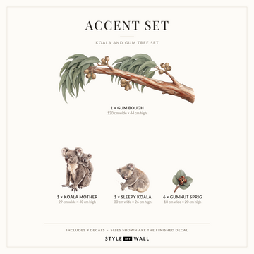 Koala and Gum Tree Wall Sticker Decals: Accent Set sizes