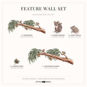 Koala and Gum Tree Wall Sticker Decals: Feature Wall Set sizes