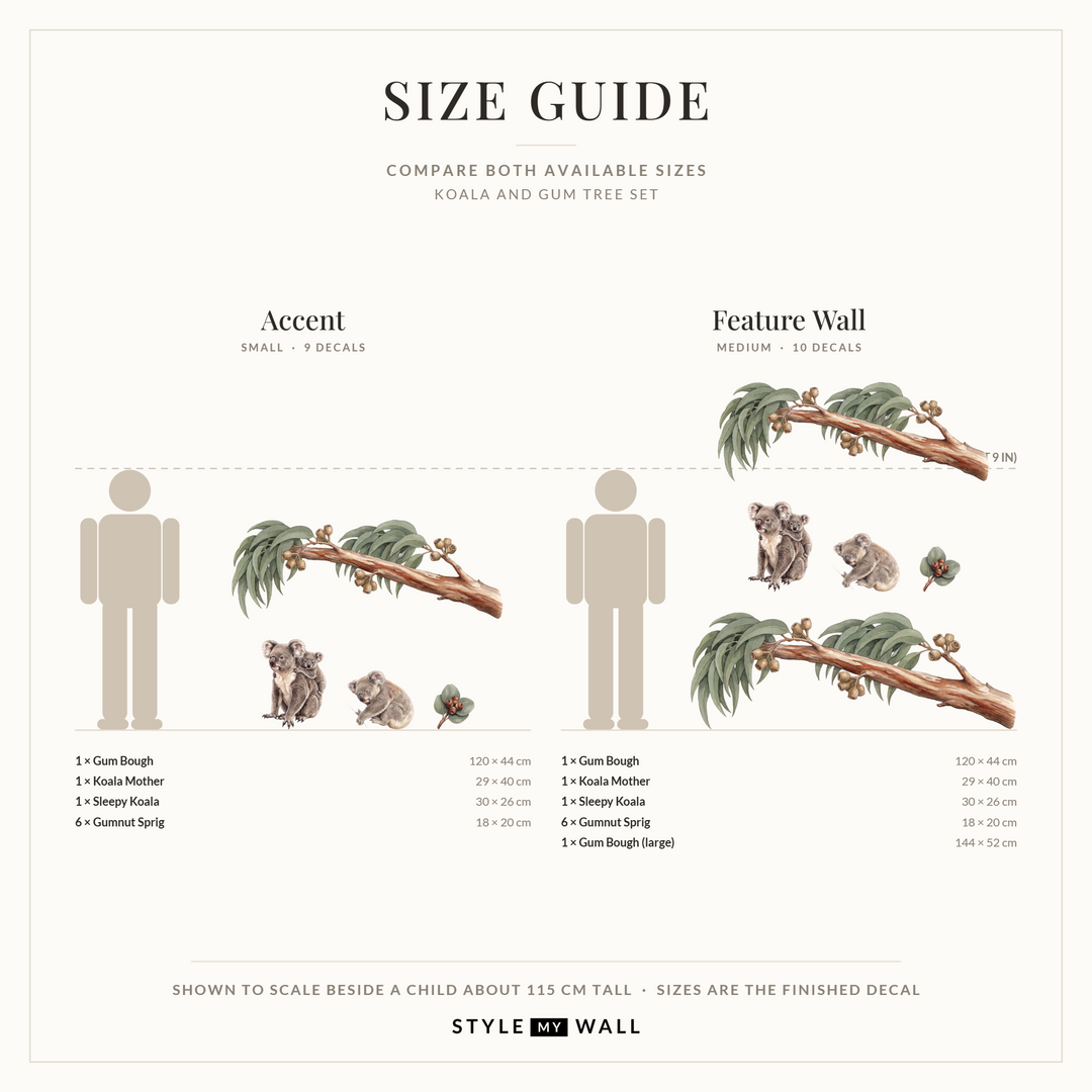 Koala and Gum Tree Wall Sticker Decals: size guide, every size shown to scale beside a child