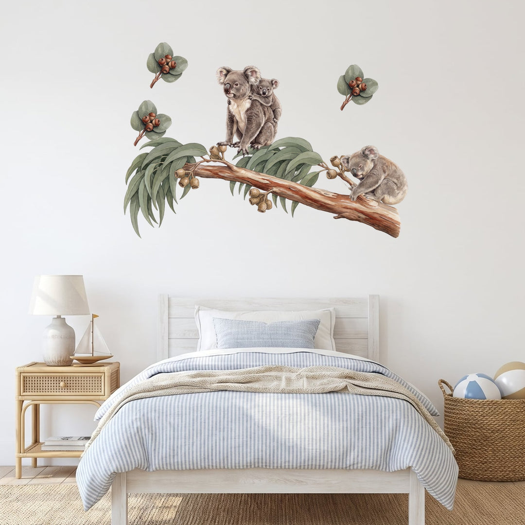 Koala and Gum Tree Wall Sticker Decals wall decals on a boy's bedroom wall (Accent (Small) size, left facing)