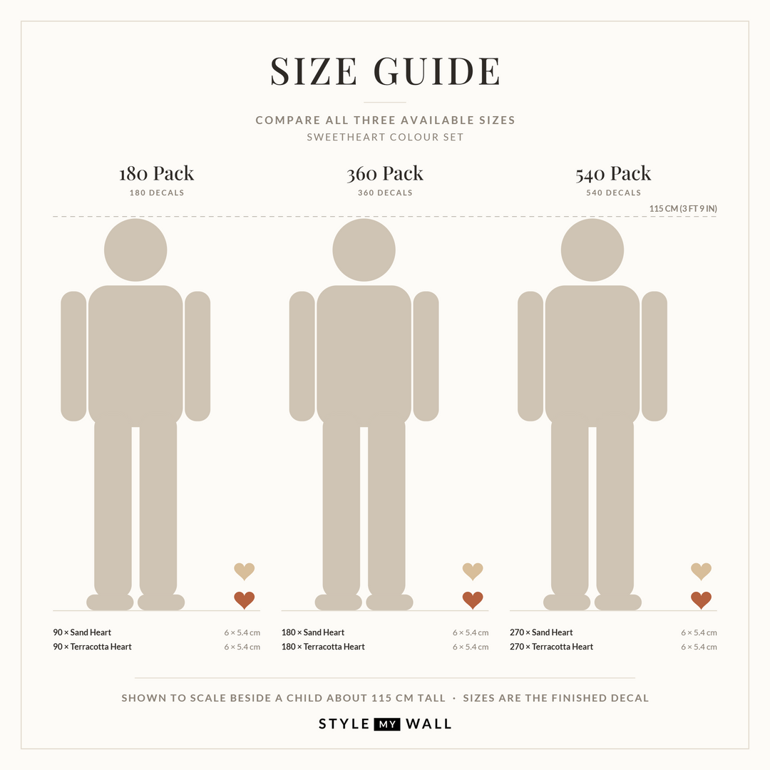 Sweetheart Hearts Wall Sticker Decals: size guide, every size shown to scale beside a child